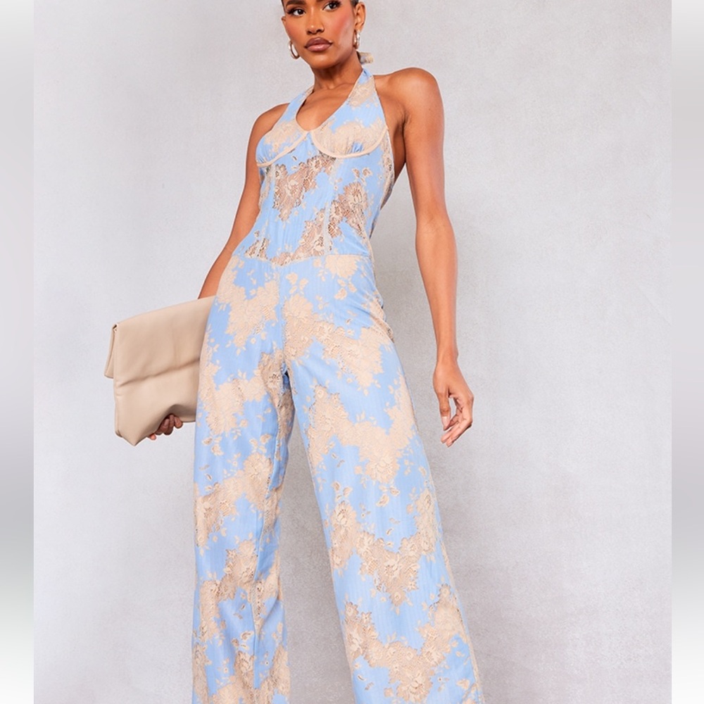 PrettyLittleThing Blue Lace Jumpsuit
